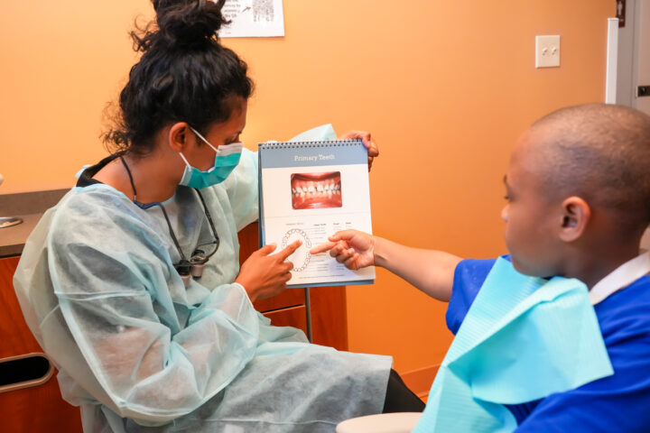 Dentist show child a dental chart